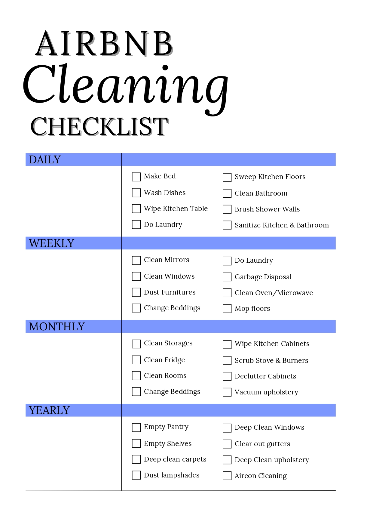 AirBnB Cleaning Checklist
